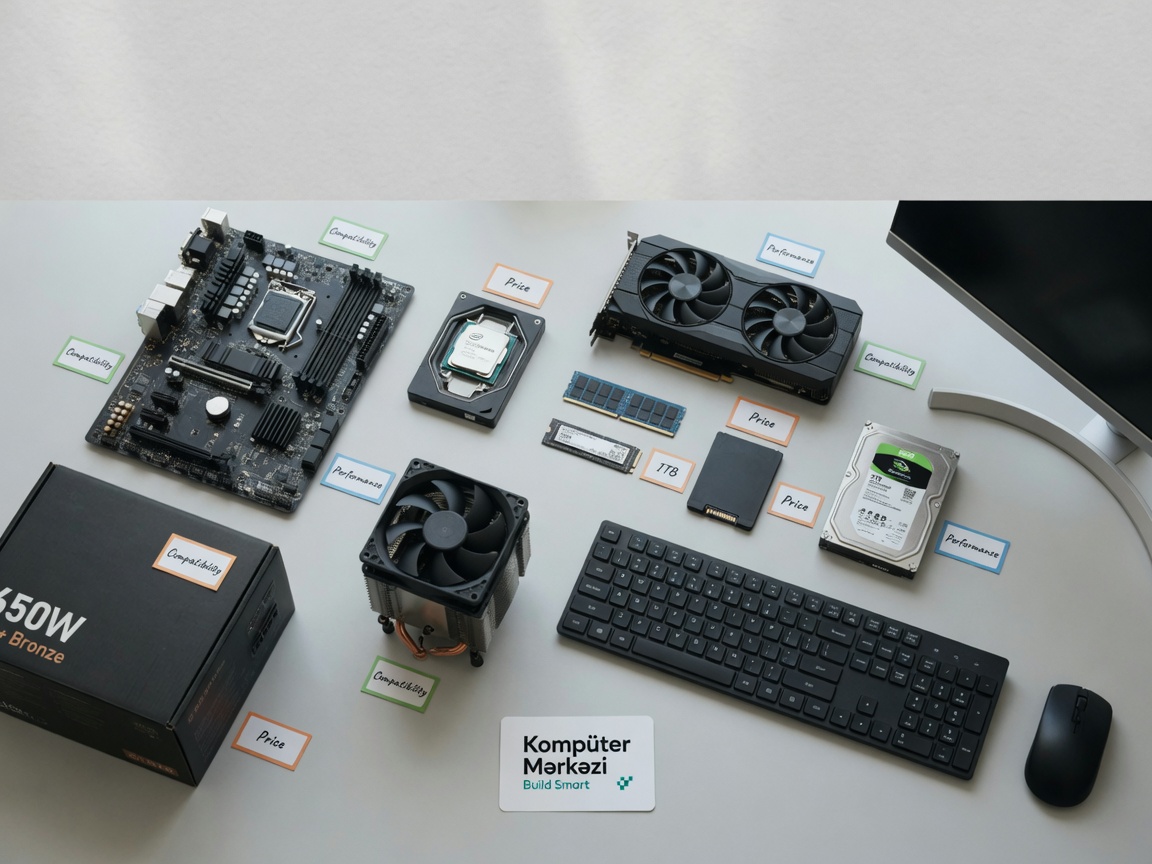Top-down studio photo of modern PC components and peripherals with color-coded tags for compatibility,